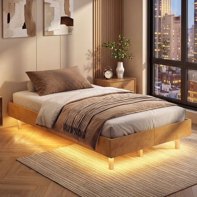 Costway Twin Size Floating Bed Frame with LED Lights, 12 Inch Modern Wood Platform Bed