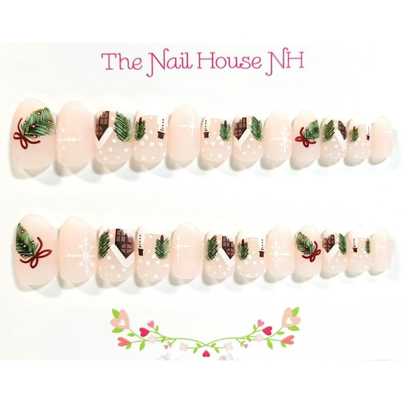 Holiday Cabin Matte Short Oval Press On Nails - 24 Pieces - Artificial Nails - Christmas Nails