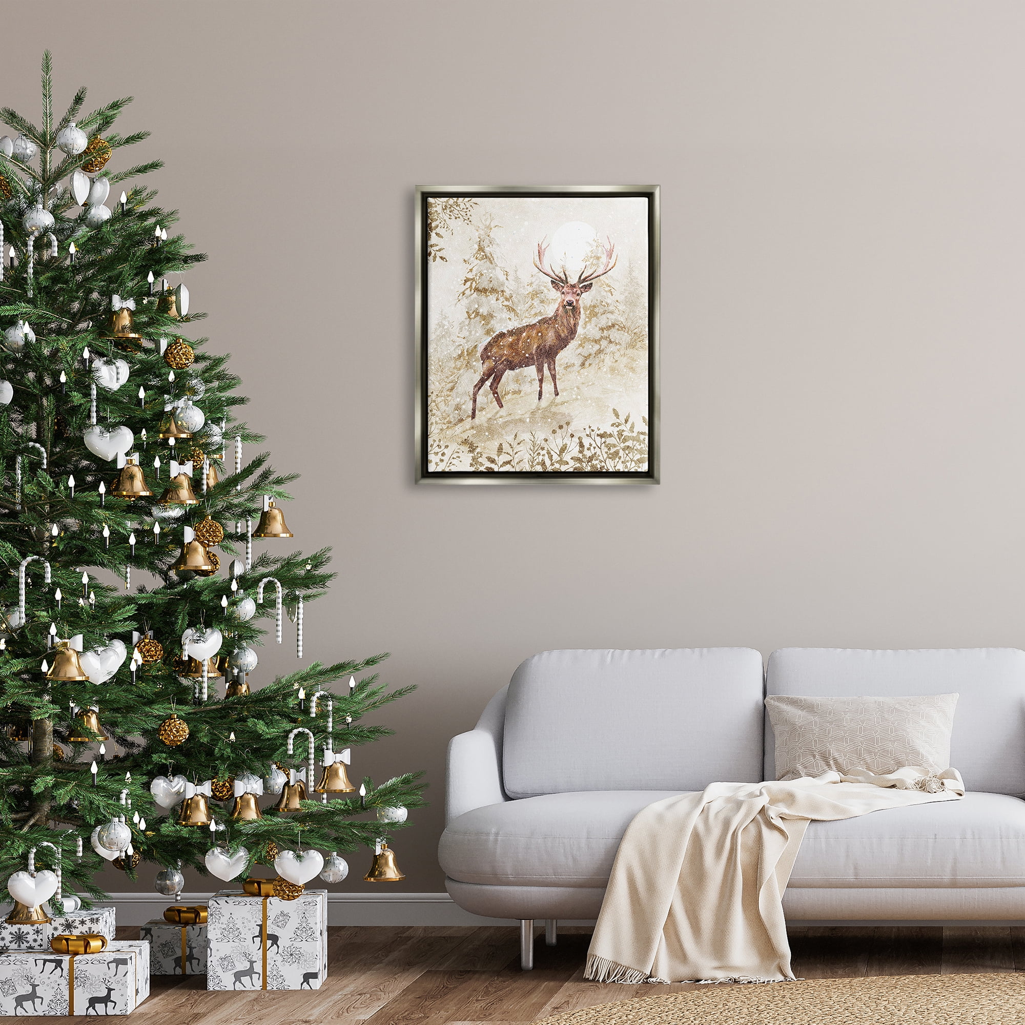 Stupell Industries Elk Snow Covered Forest Holiday Painting Gray Floater Framed Art Print Wall Art