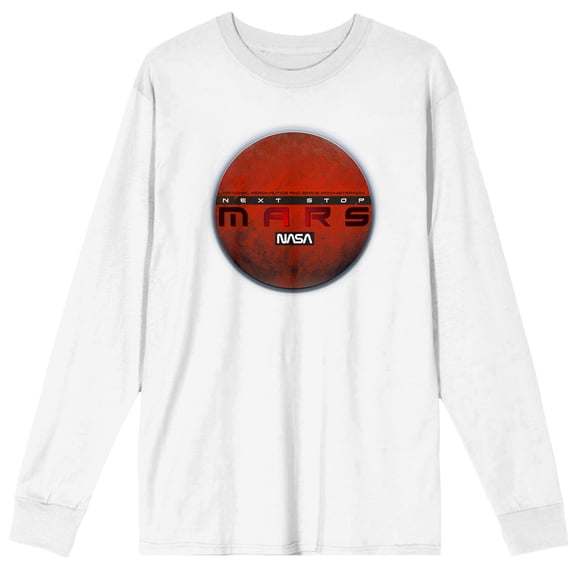 NASA Next Stop Mars Adult White Crew Neck Long Sleeve Tee