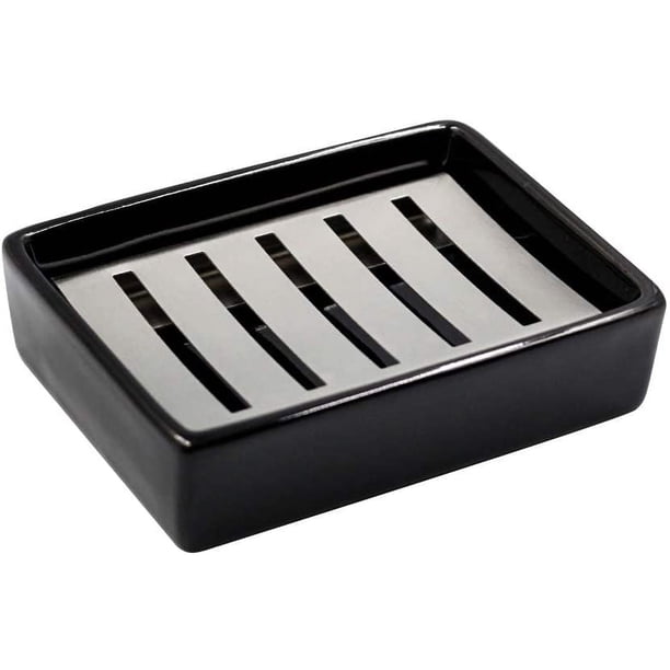 Jabonera de cerámica de acero inoxidable SUS304 para baño, doble capa, jabonera autodrenante, diga no al jabón esponjoso, fácil limpieza (negro)