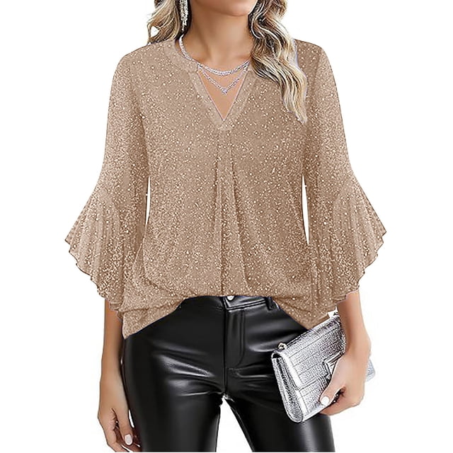 Ounisa Womens 3/4 Ruffle Sleeve Sparkly Tops Sequin V Neck Blouses Dressy Casual Fall Shirts