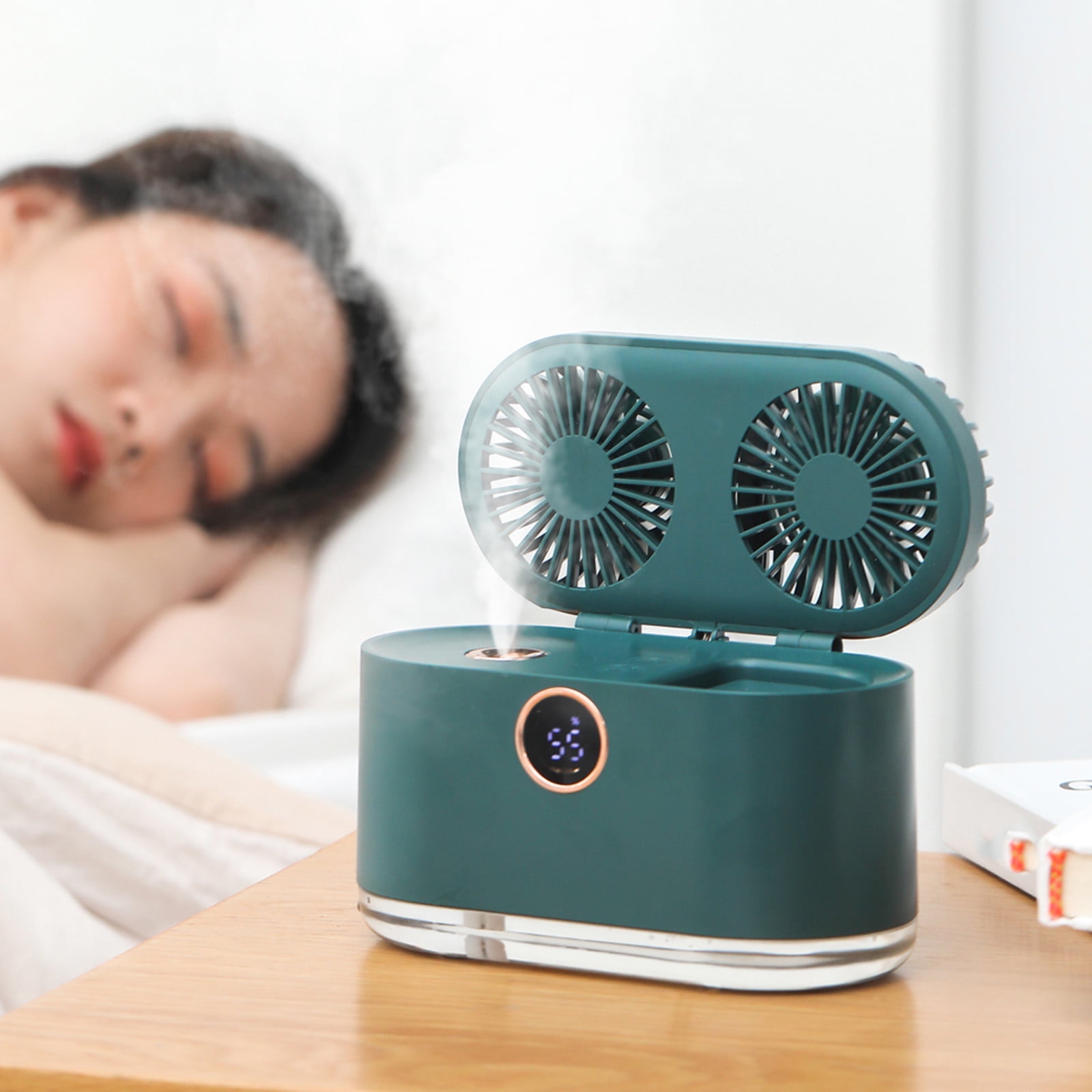 Fridja 2-in-1 Small Humidifier with Dual Fan, 2000mAh Desktop Humidifier, 400ml USB Rechargeable Battery Operated for Office Home Car Baby