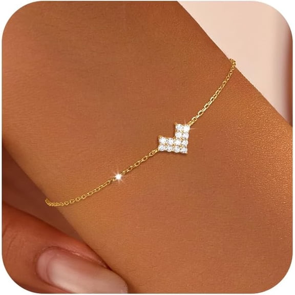 Dainty Heart Bracelet for Women 925 Sterling Silver 14K Gold Plated Heart Shaped Zircon Chain Charm Self Love Heart Sparkly Adjustable Bracelet Wedding Christmas Jewelry Gift for Her