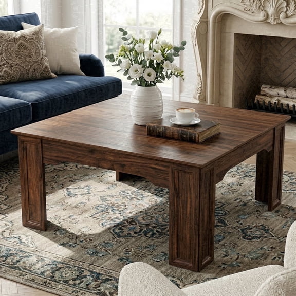 39.4" Farmhouse Square Coffee Table for Living Room, with Carved Legs, Walnut