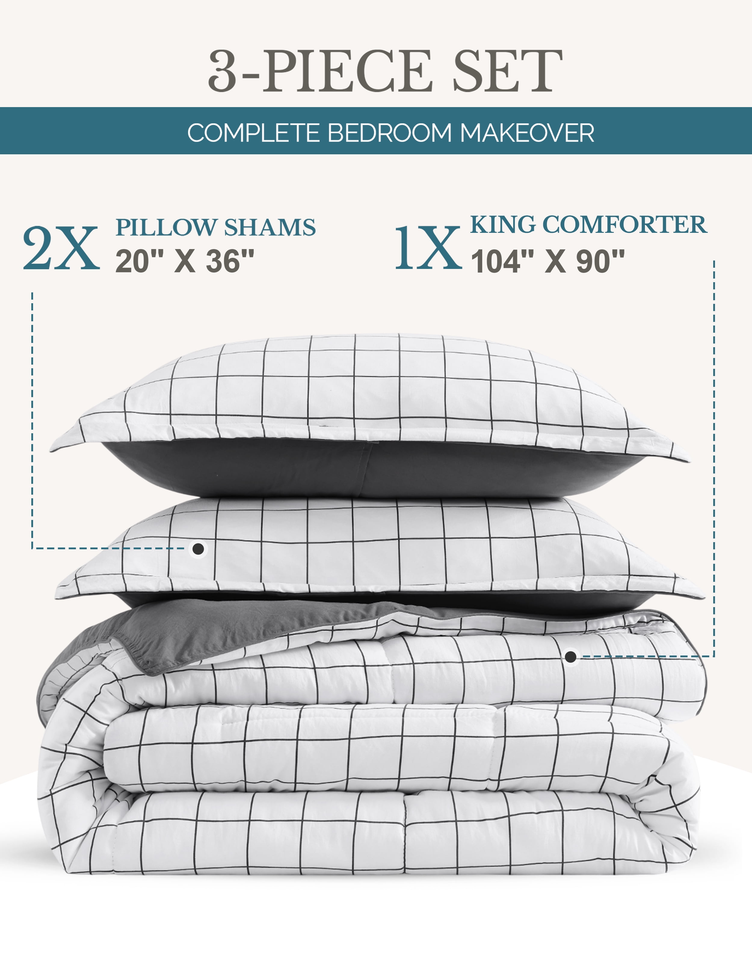 Casa Platino Comforter Set King- Fluffy Duvet Insert King Size - Pre-Washed Hydro-Brushed 100% Microfiber Comforter Set King Size - Comfy Bedding King Size Comforter Set- Windowpane Charcoal