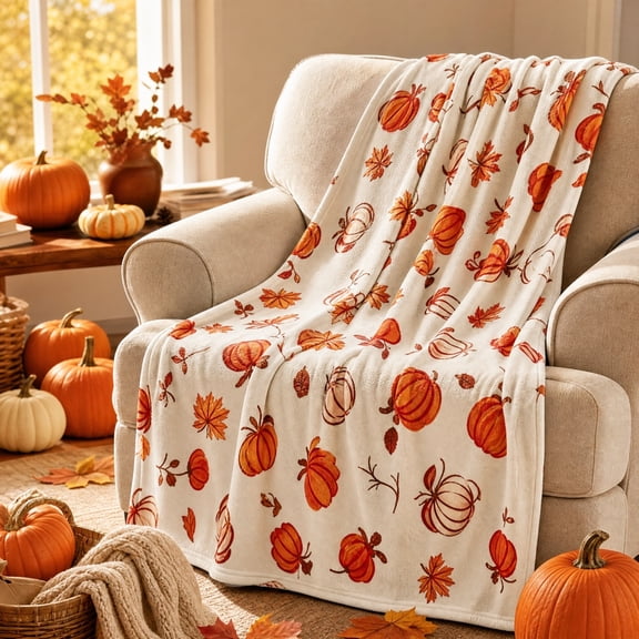 Fmbmuo Thanksgiving Themed Flannel Throw Blanket Pumpkin Maple Leaf, Soft Warm Blanket 100x150cm, Autumn Fall Decor for Sofa Bed Couch Living Room