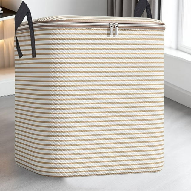 Apeya Houndstooth Storage Bag-Large Capacity Folding|With Reinforced Handle/Zipper, for Comforters/Pillows/Blankets/Bedding/Quilts,Storage Box 210L Beige Stripes