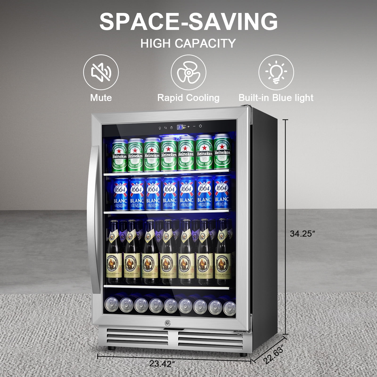 TITTLA 24 inch Beverage Refrigerator,190 Cans Beverage Cooler with Glass Shelves,Under Counter Refrigerator,Silver