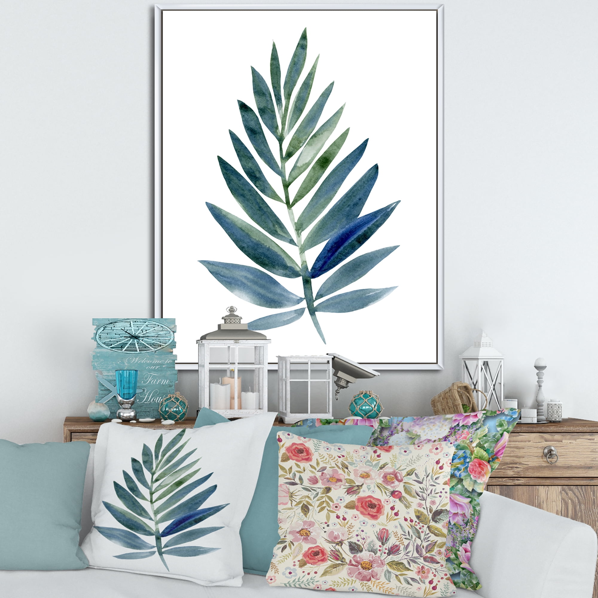 Designart 'Tropical Green Leaf On White' Farmhouse Framed Canvas Wall Art Print
