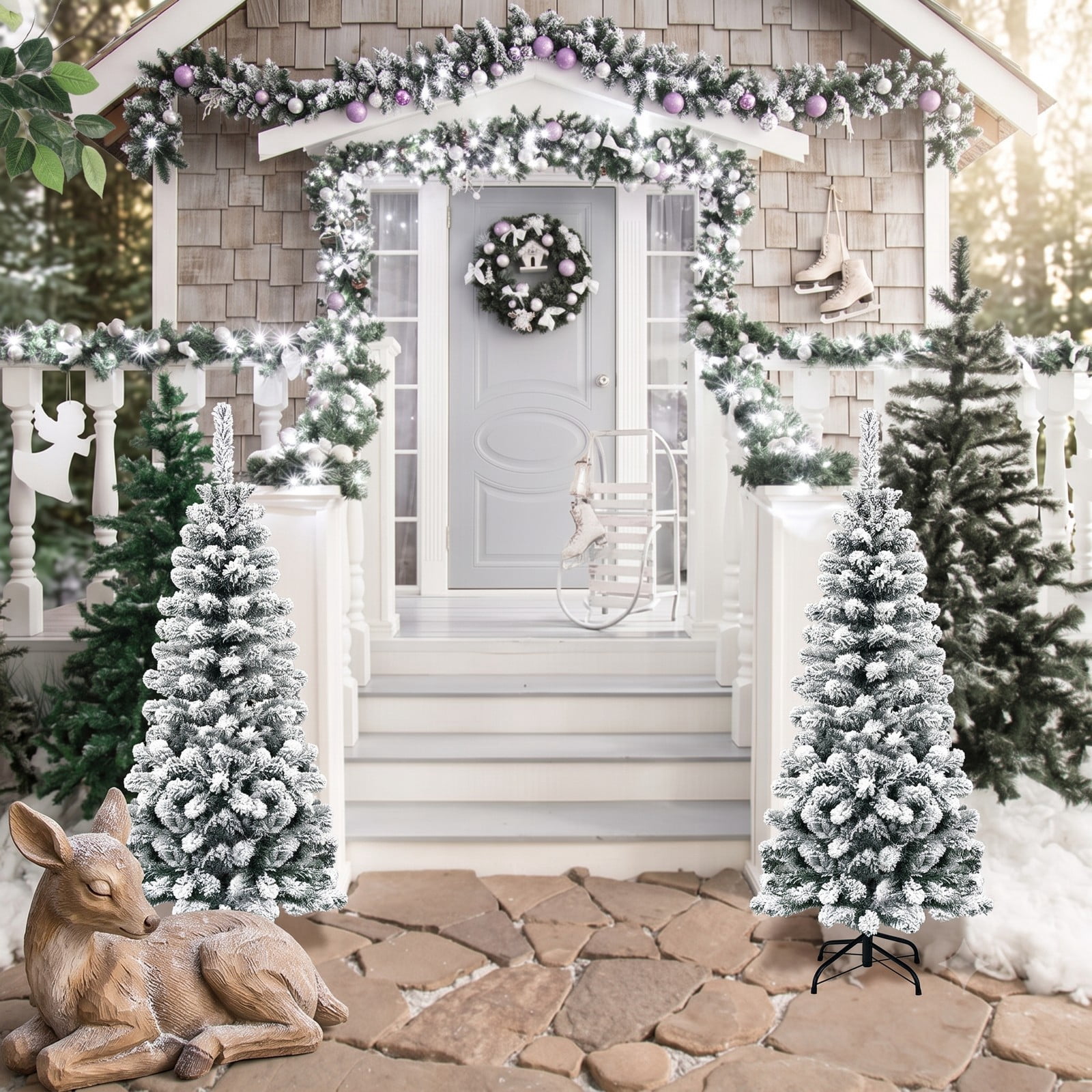 RUIE 4.5 FT Unlit Snow Flocked Artificial Pencil Christmas Tree, Hinged Slim Xmas Tree with 242 Branch Tips and Metal Stand for Indoor Holiday Decor, White & Green