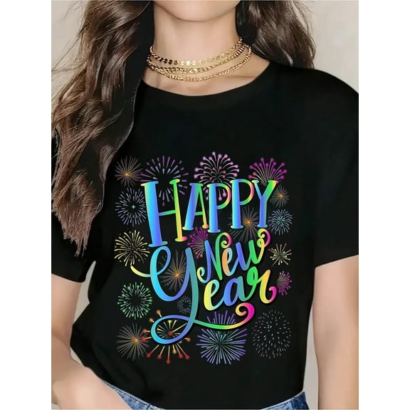Happy New Year T-Shirt For Women - Colorful Fireworks Design, Festive Celebration Shirt, Party Wear Top, Holiday Gift Idea, 2024 New Year's Eve Outfit, Casual Graphic Tee For Women