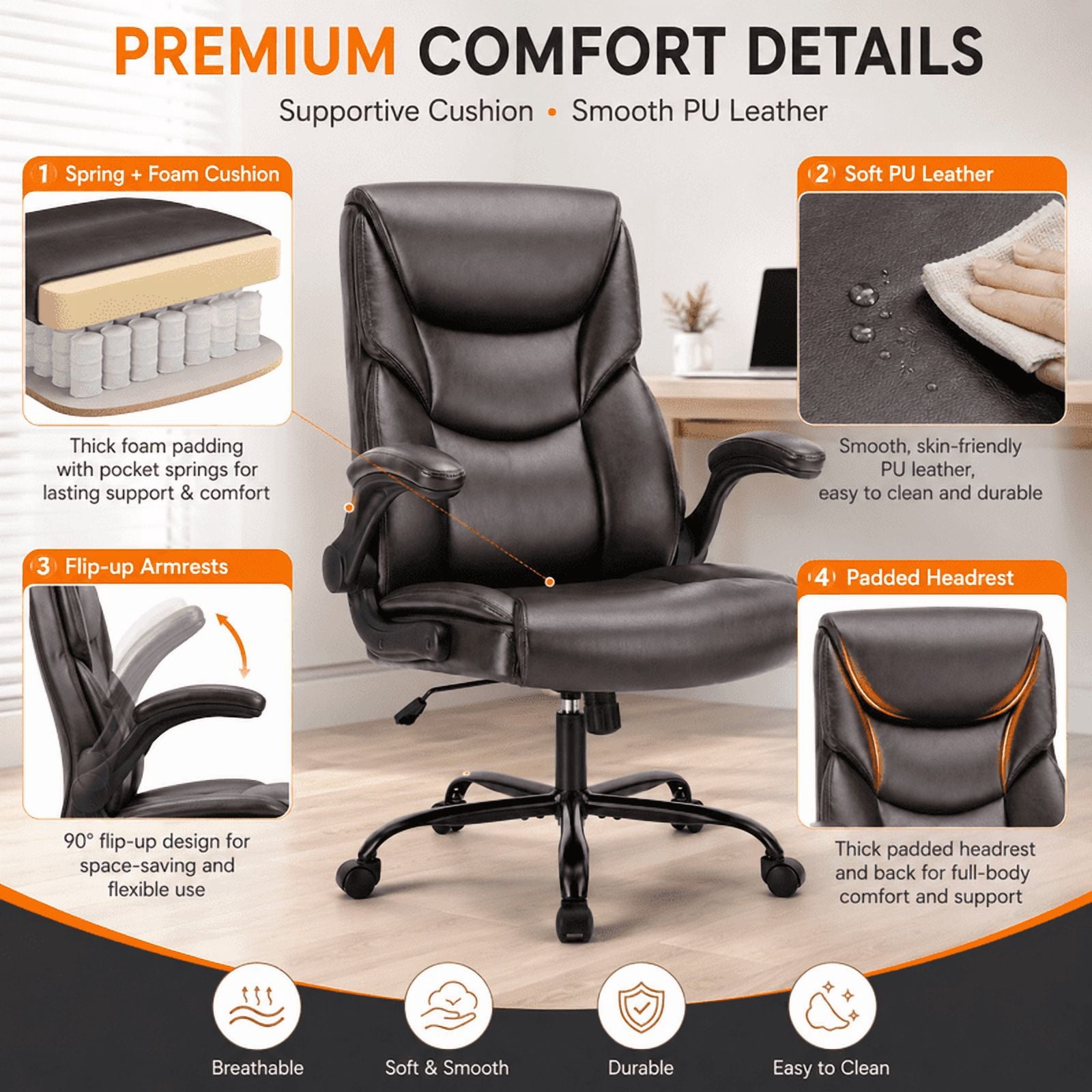 Ergonomic PU Leather Executive Office Chair, Adjustable Height Desk Chair with Lumbar Support, Wide Seat, 360° Swivel and Quiet Wheels, Brown