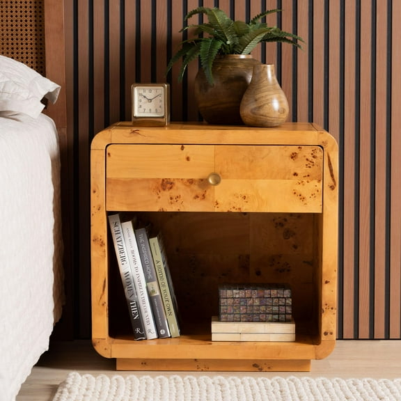 bali & pari Netra Modern Nightstand, 1-Drawer, Light Mappa Burl