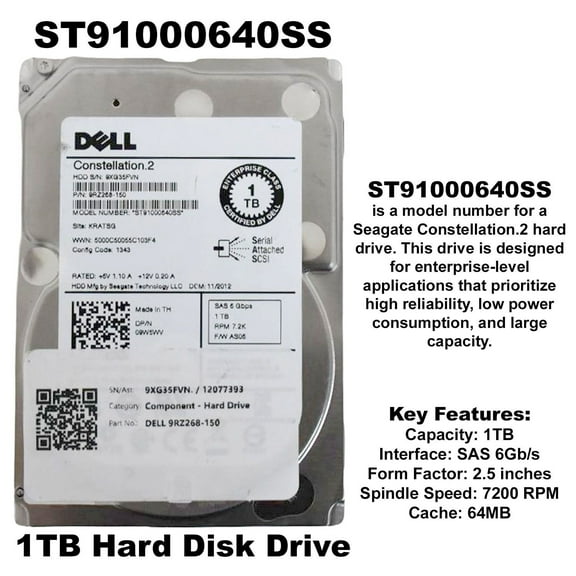 Open Box Dell 1TB 7.2K SAS 6Gbps 2.5" SFF Enterprise Server HDD – 9RZ268-150