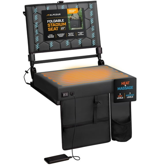 Alpcour Foldable Reclining Heated Massage Stadium Seat with Multiple Pockets, Anti-Slip Bottom, Bleacher Hooks, Bag Hook, Adjustable Height