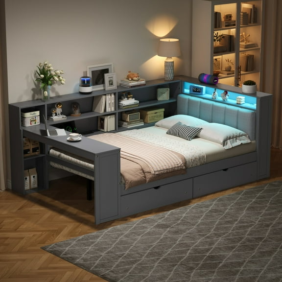 [Luckynote]Wood Full Size Platform Bed with Storage Shelves, Drawers, Charging Station, LED, Desk and Upholstered Headboard, Grey  Grey Cushion