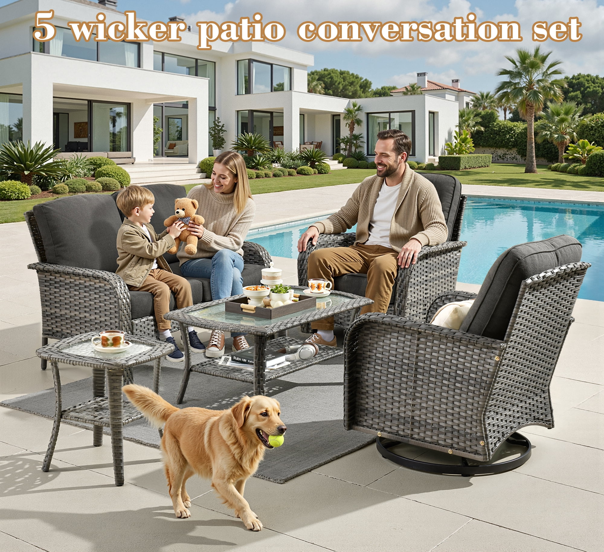 Vcatnet 5 Pieces Patio Furniture with Swivel Chairs, High Back Outdoor Conversation Set, All-Weather Wicker Sectional Furniture Set, Black