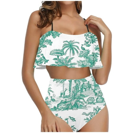TrendVibe365 Bikinis for Women One Piece Green Two Piece Swimsuits High Waisted Thong Adjustable Shoulder Strap Ruffles Bandeau Bathing Suits Floral Swimwear Beachwear L