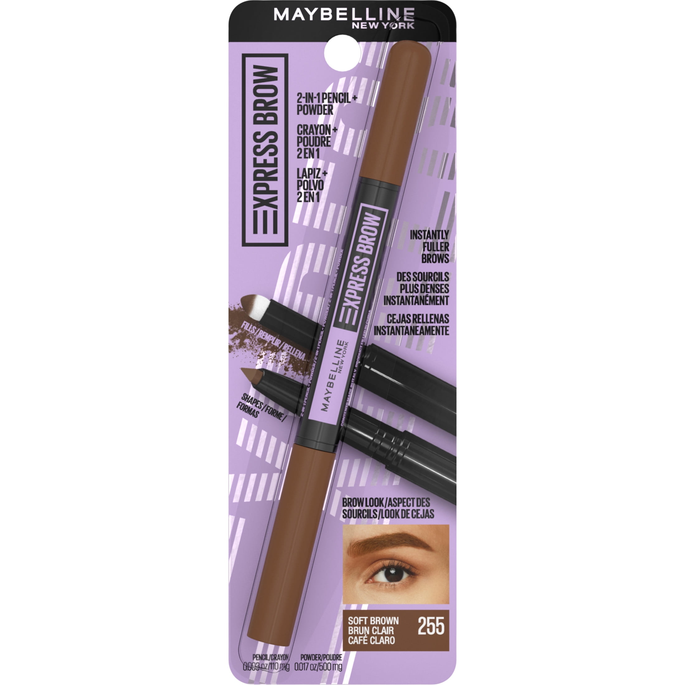 (4 pack) Maybelline Express Brow 2-in-1 Pencil and Powder Eyebrow Makeup, Soft Brown