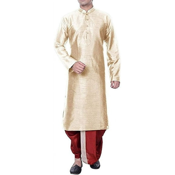 Royal Kurta Men's Cotton Silk Dhoti Kurta Set (38, Beige-Maroon)