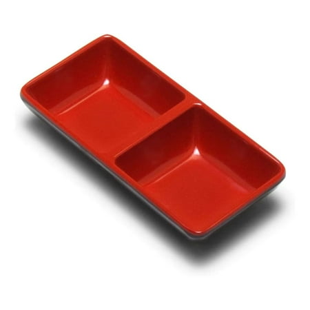 

LouZub 2395 Japanese Soy Sauce Melamine Dishes Dipping Bowls Red and Black Color Two Compartments 12 Pack