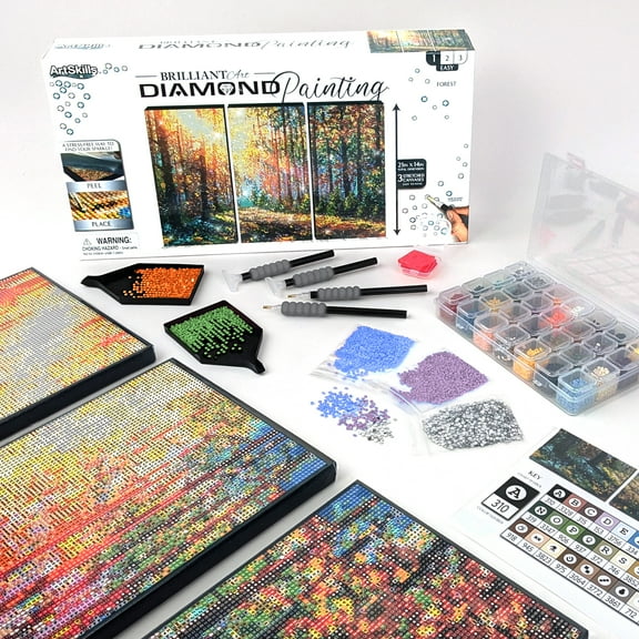 ArtSkills Diamond Painting Kit, Diamond Art Ready to Hang Framed Canvas with Storage and Accessory Kit, Forest, 3 Stretched Canvas Panels, 14” x 7” Each
