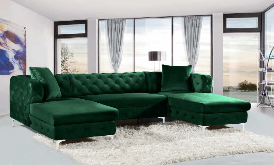 Classic Rich Green Color Velvet Double Chaise Sectional Sofa Detailed Tufted Livingroom