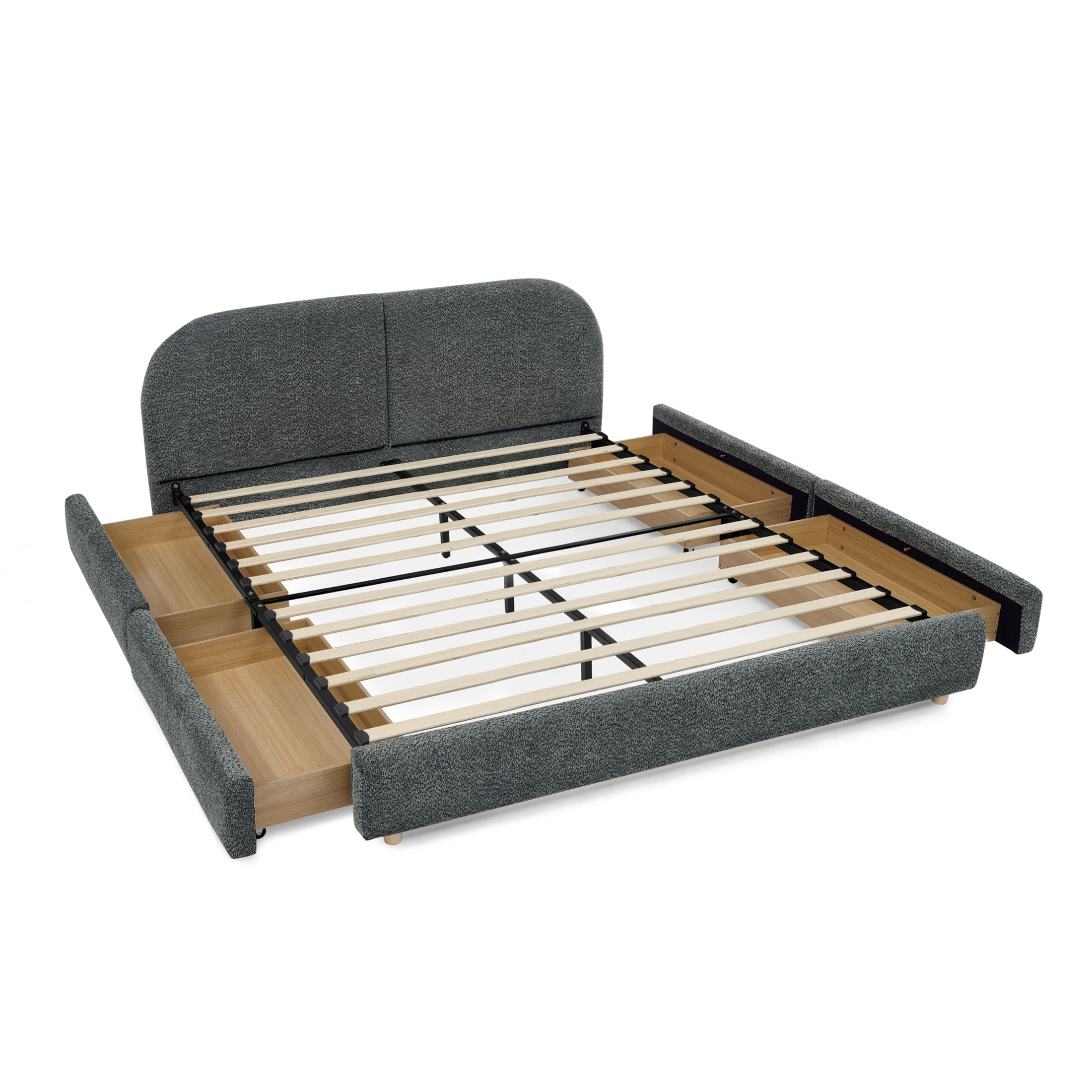 Noble House Elbert Queen Size Upholstered Bed Frame, Circle Yarn Tall Curved Headboard with Storage Drawers, Dark Gray
