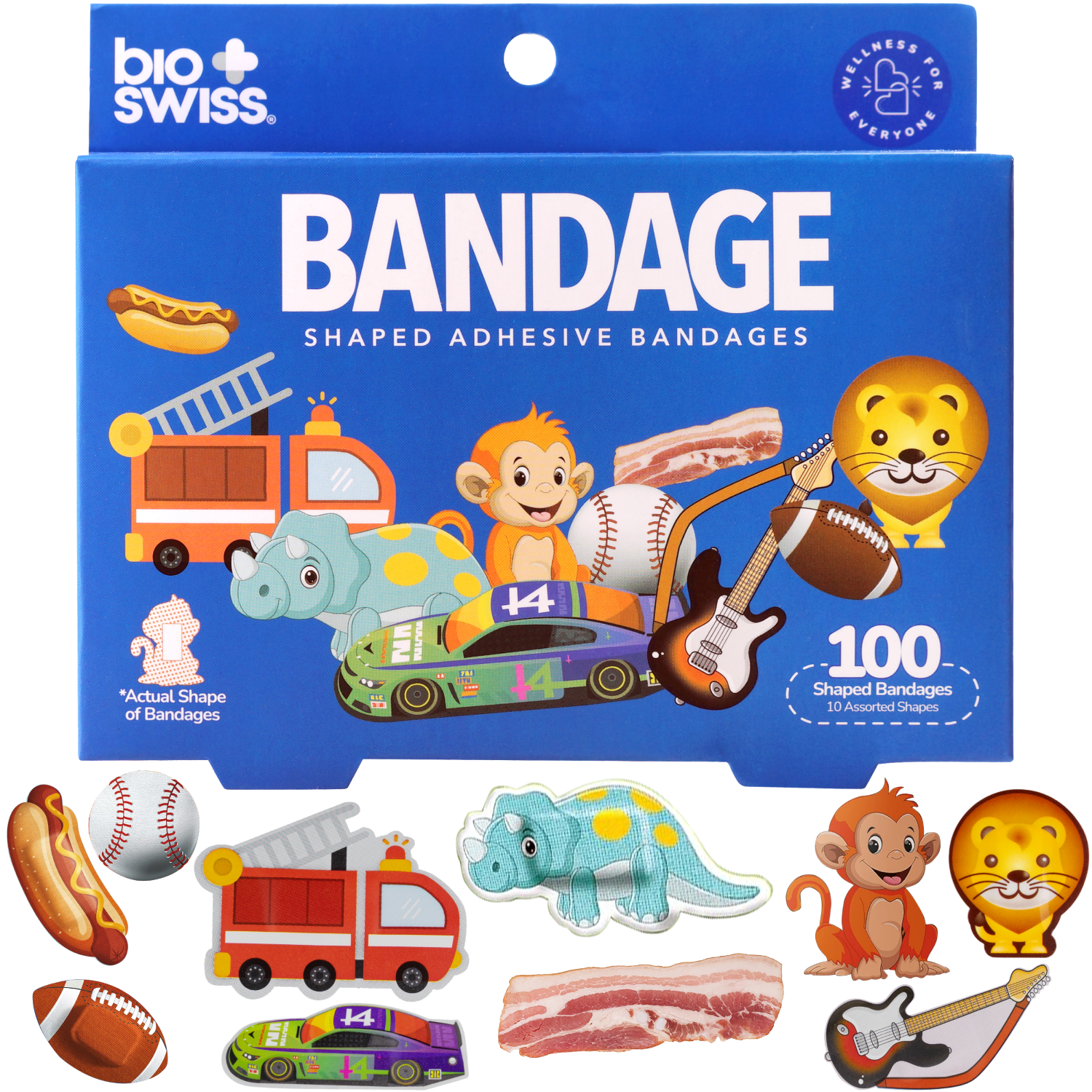 BioSwiss Bandages, Assorted Animal, Fun and Food Shaped Self Adhesive Bandage for Boys, 100 Count
