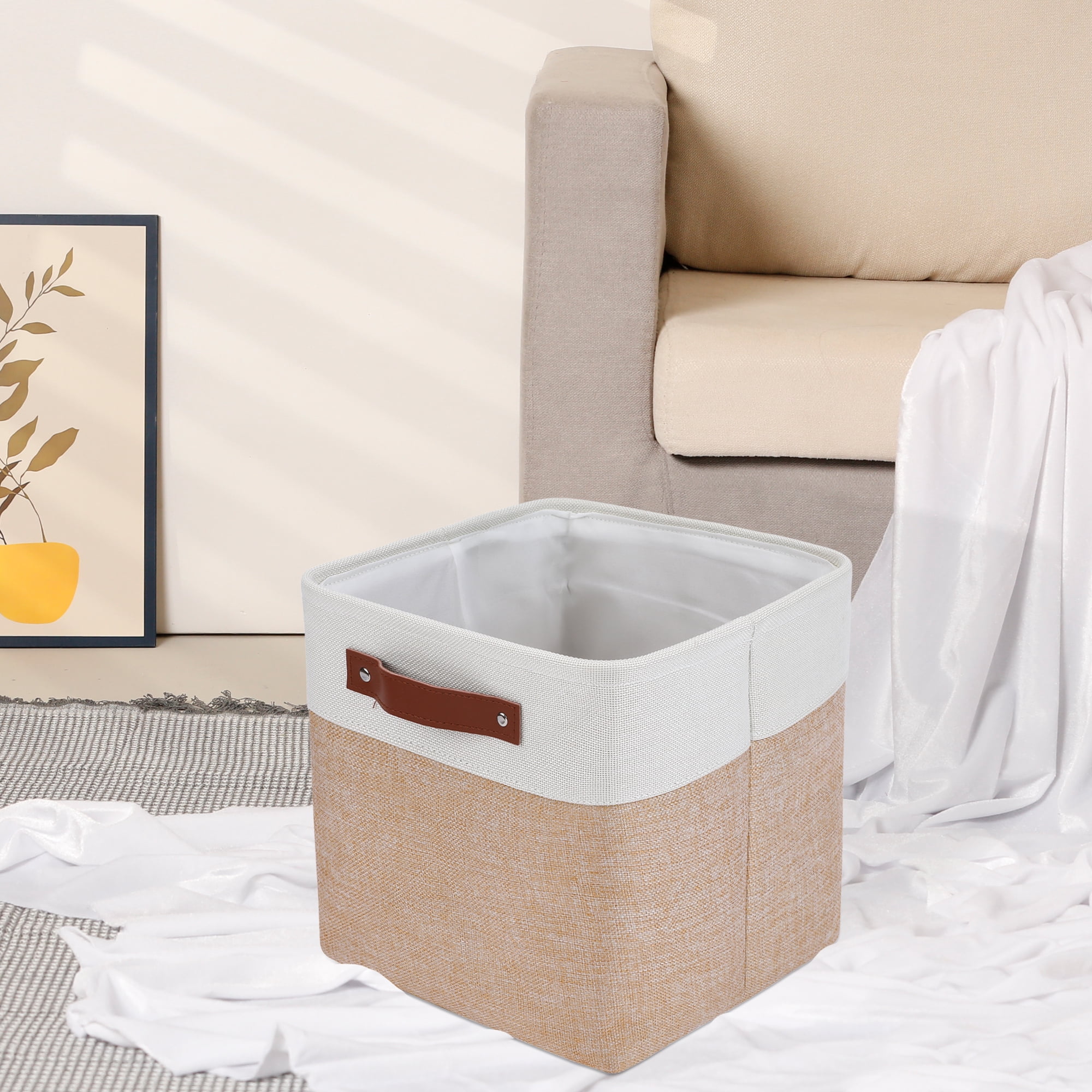 Unique Bargains Storage Cube Fabric Bin with Handles Apricot 11*11*11in