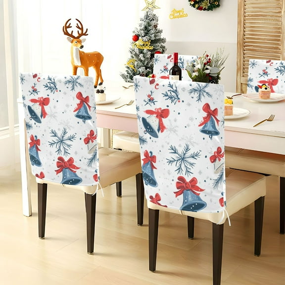 YAZAOO Chair Covers Set Home Kitchen Christmas Blue Bowknot Bell and Snowflake Party Decor Seat Back Cover Protector