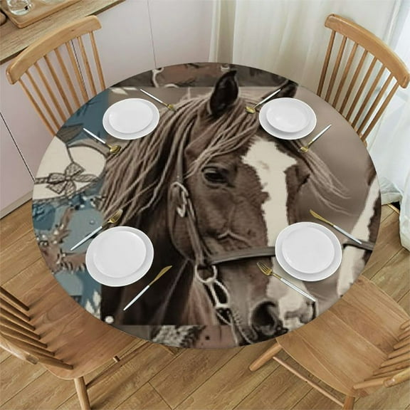 BCIIG Horse Cowboy Hat Western Round Tablecloth Stain Resistant Washable 100% Polyester Table Cloth for Indoor Outdoor Dining Wedding Parties Kitchen Decoration 31"-35