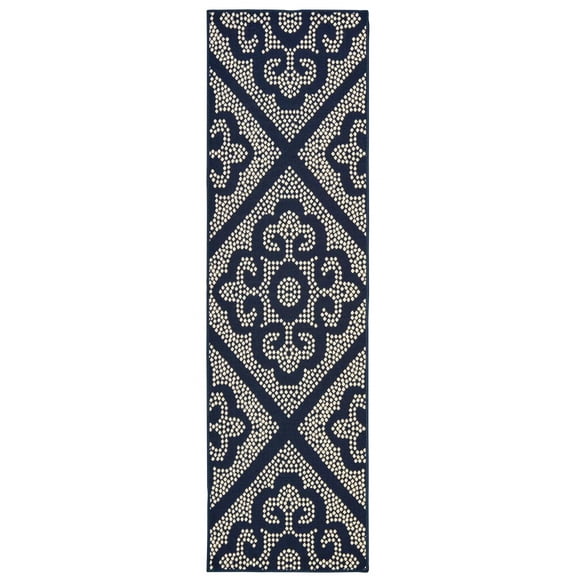 2' X 8' Navy Geometric Stain Resistant Indoor Outdoor Area Rug