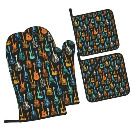 

Haiem Colorful Guitar Print Extra Long Oven Mitts and Pot Holders 4pc Sets: Heat Resistant Silicone Oven Mittens with Mini Oven Gloves and Hot Pads Potholders