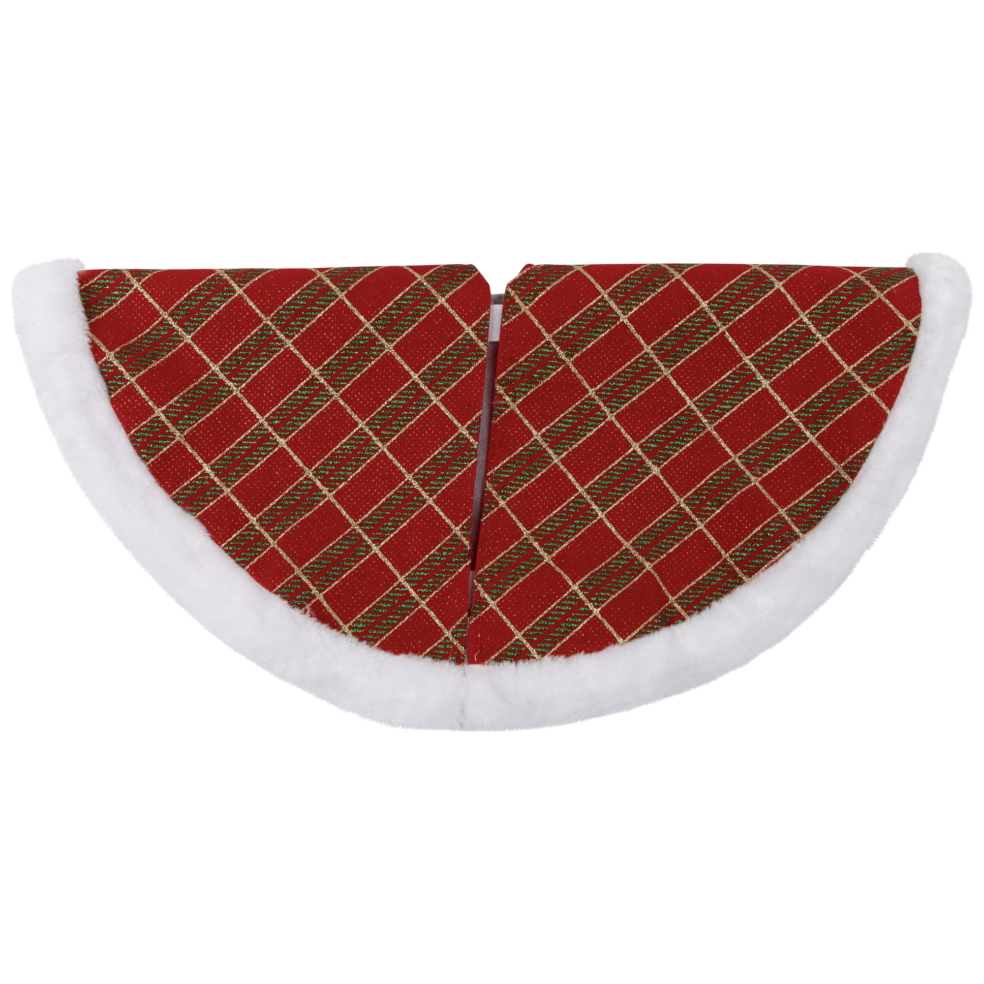 20" Glitter Red Green and Gold Plaid Mini Christmas Tree Skirt with White Faux Fur Border