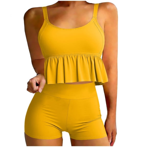 HAPIMO Women's Tankini Sets Spaghetti Strap Ruffled Crop Top and High Waisted Boy Shorts Modest Two Piece Bathing Suits Summer Beach Swimsuits with Chest Pad Yellow XL
