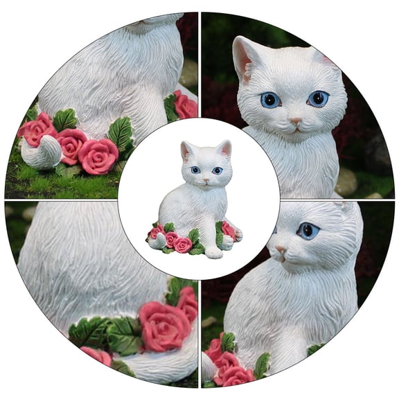 White Resin Cat Statue Figurine with Red Rose Flower Design, Kitten Sculpture for Desktop, Bookshelf, Valentine’s Day Decoration