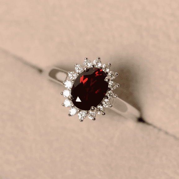 Oval Cut Red Garnet & Diamond Halo Engagement Ring in 925 Sterling Silver - Anniversary Gift For Wife