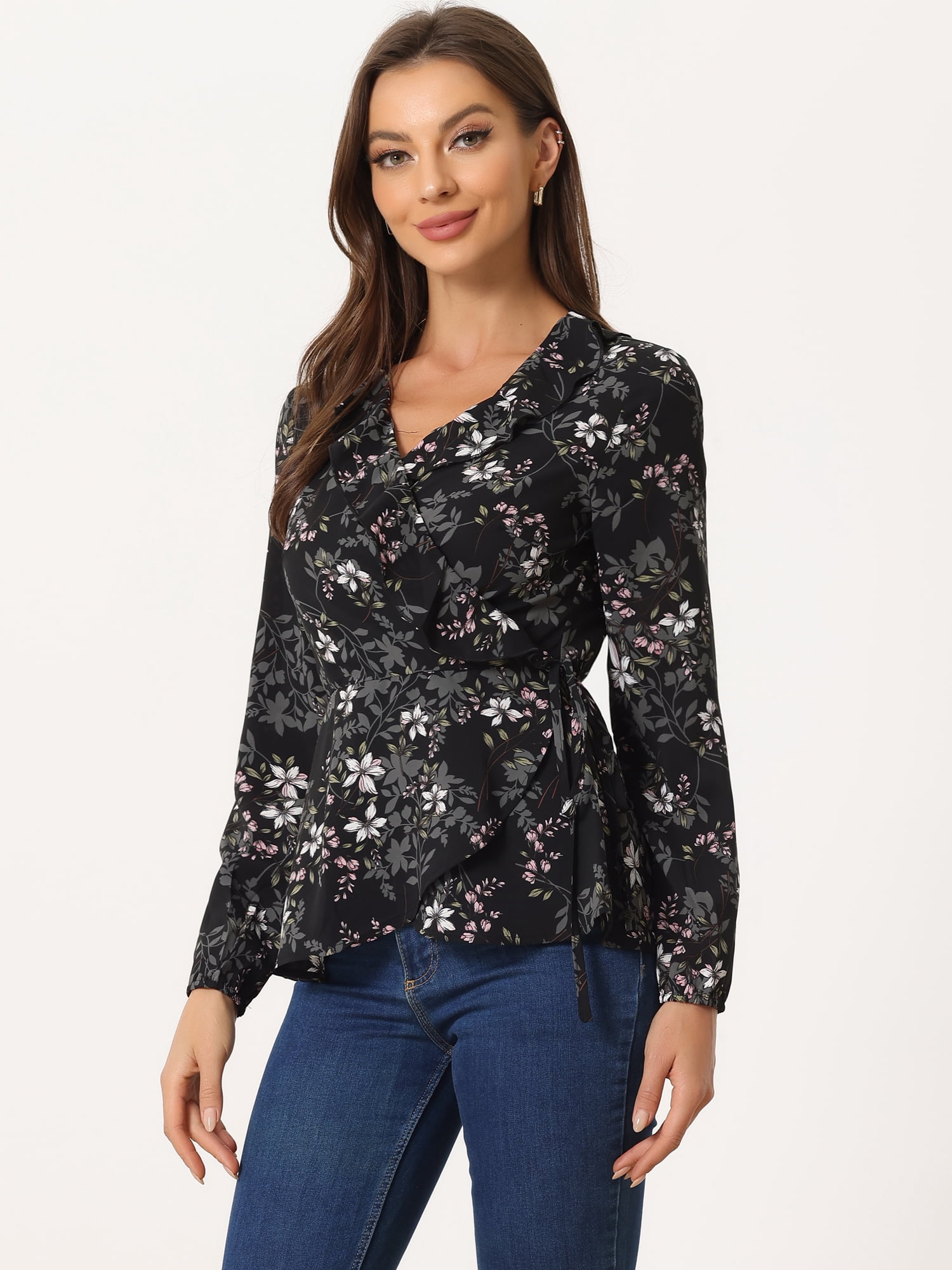 DARING DIVA Women's Wrap Top Ruffle Chiffon Peplum Blouse XS Black-Floral