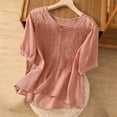 thumbnail image 2 of Floral Print Cotton Linen Shirts Women Button Down V Neck 3/4 Sleeve 2025 New Casual Loose Summer Fall Stylish Work Vacation Tops,Pink,XL, 2 of 5