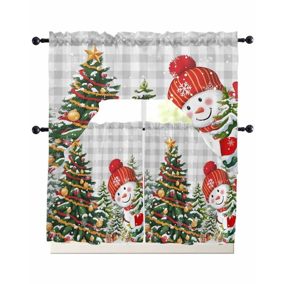 Grey Plaid Snowman Christmas Swag Curtains for Living Room/Bedroom Windows, Xmas Tree Snowflake Winter Kitchen Curtains and Valances Set 36 Inch Length, Light Filtering Swags Valance Curtain Panels