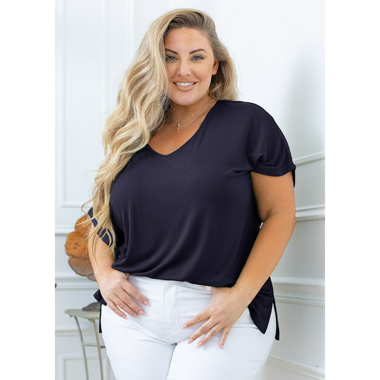 SHOWMALL Women Plus Size Tops Short Sleeve Tunic Side Slit Shirt Summer  V-Neck Blouse Navy Blue 2X Tops