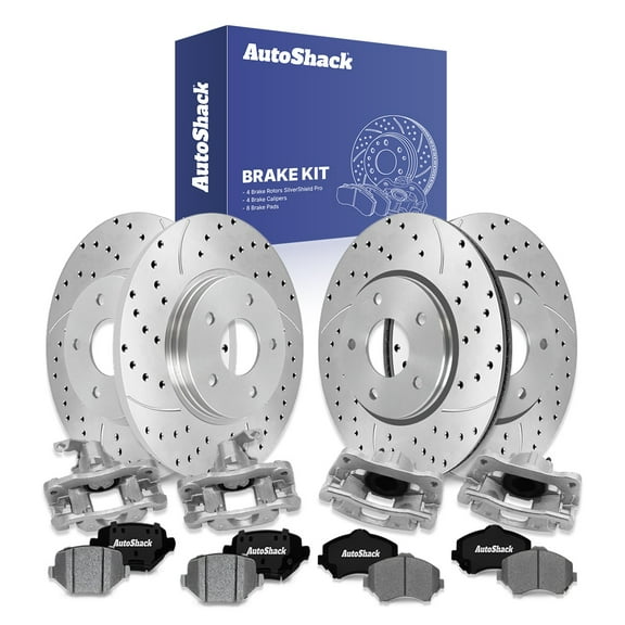 AutoShack Front Vented & Rear Solid Drilled & Slotted Silver Zinc Coated Brake Rotors   Ceramic Pads   Calipers 16-PC Brake Kit Replacement for 2012-2016 Dodge Grand Caravan SilverShield Pro