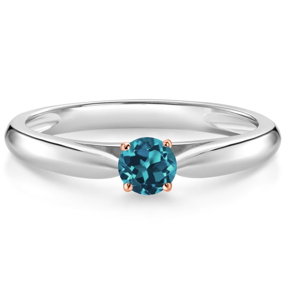 Gem Stone King 925 Silver and 10K Rose Gold London Blue Topaz Solitaire Engagement Ring for Women (0.22 Cttw, Gemstone November Birthstone, Round 3.5MM, Size 5)