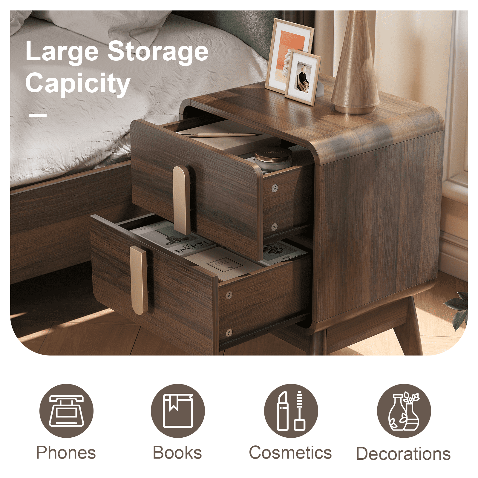 JOINICE Mid Century Modern 2 Drawers Nightstands Set of 2, End Table with Storage and Metal Handle,for Bedroom,Living Room,Black Walnut