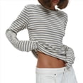 thumbnail image 3 of Camiseta de Larga A Rayas para Mujer, Cuello Redondo, Corte Holgado Gris S, 3 of 10