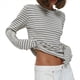 thumbnail image 3 of Camiseta de Larga A Rayas para Mujer, Cuello Redondo, Corte Holgado Gris S, 3 of 10
