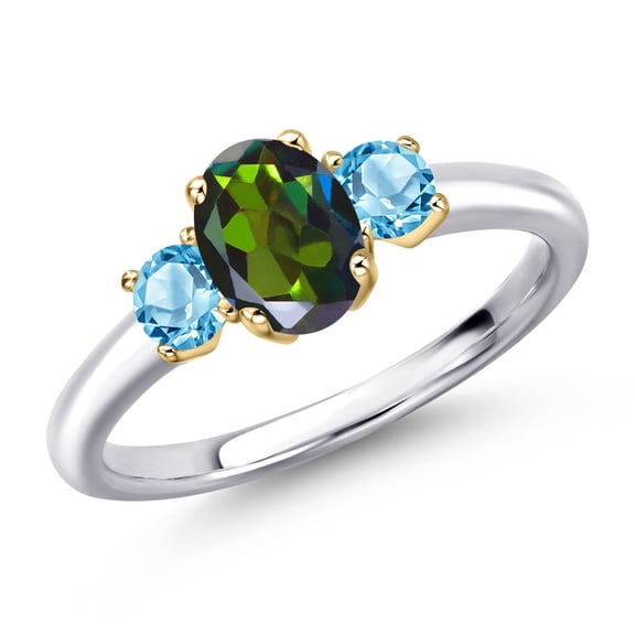 Gem Stone King 925 Silver and 10K Yellow Gold Tourmaline Green Mystic Topaz and Swiss Blue Topaz Engagement Ring for Women | 1.20 Cttw | Oval 7X5MM | Gemstone November Birthstone | Size 5