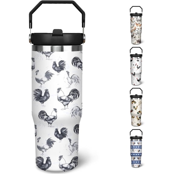 30 oz Chicken Tumbler With Handle and Straw, 30oz Rooster Flip Straw Tumbler Insulated Coffee Travel Mugs Cup Water Bottle Chicken Gifts for Elephant Lovers Women Girls